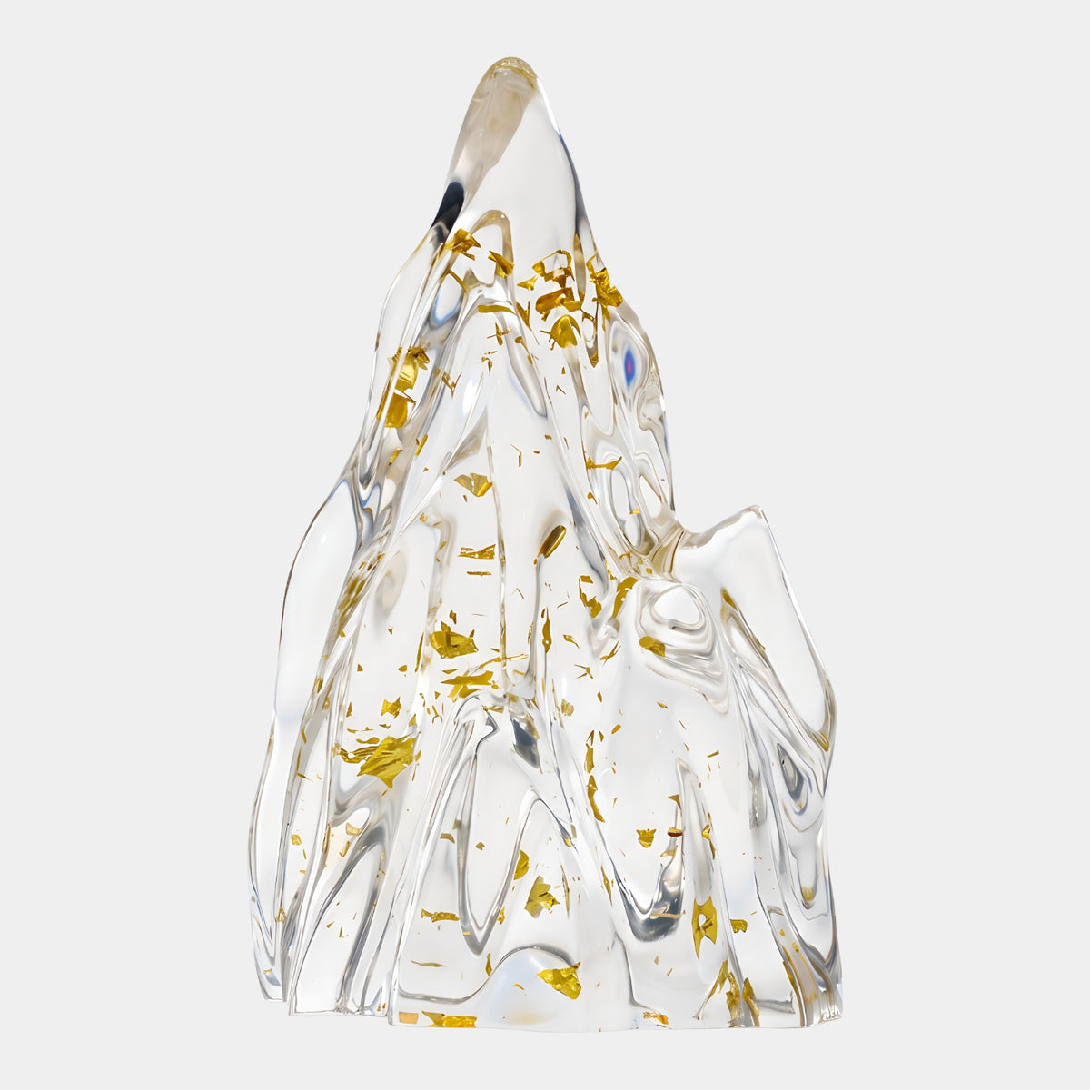 Clear Gold Fleck Upright Mountain Resin Sculpture - 40cm with gold leaf flecks scattered through a clear peak, shown on a plain white background.
