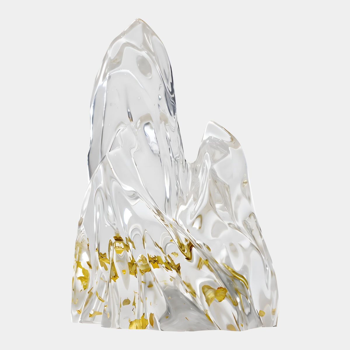 Clear Gold Footed Twin Peak Resin Sculpture, 31cm, twin clear resin peaks with gold leaf flecks gathered at the base, shown on a plain white background.