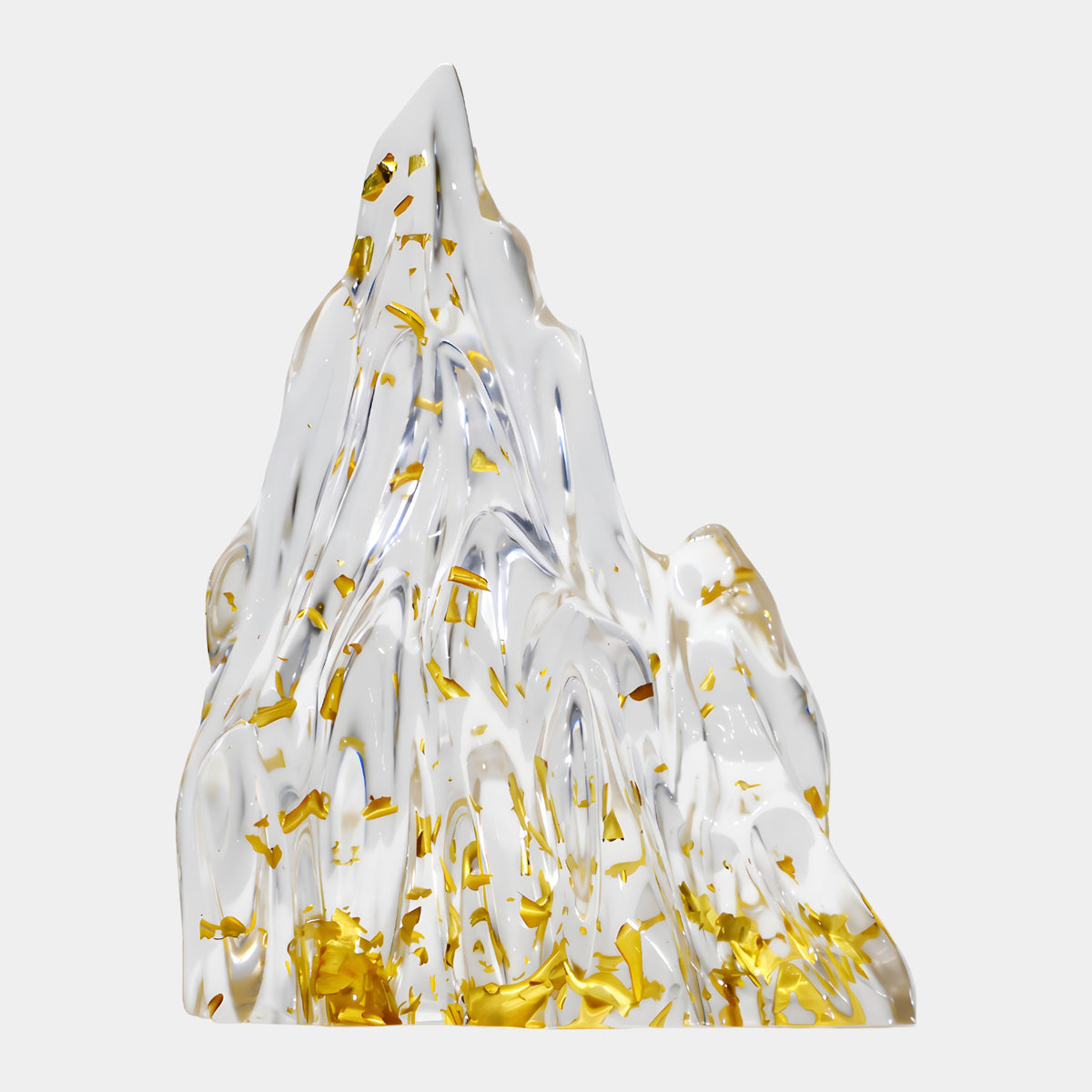 Clear Gold Fleck Miniature Peak Resin Sculpture - 19cm, an off-center mountain form with dense gold leaf flecking at the base, shown on a plain white background.