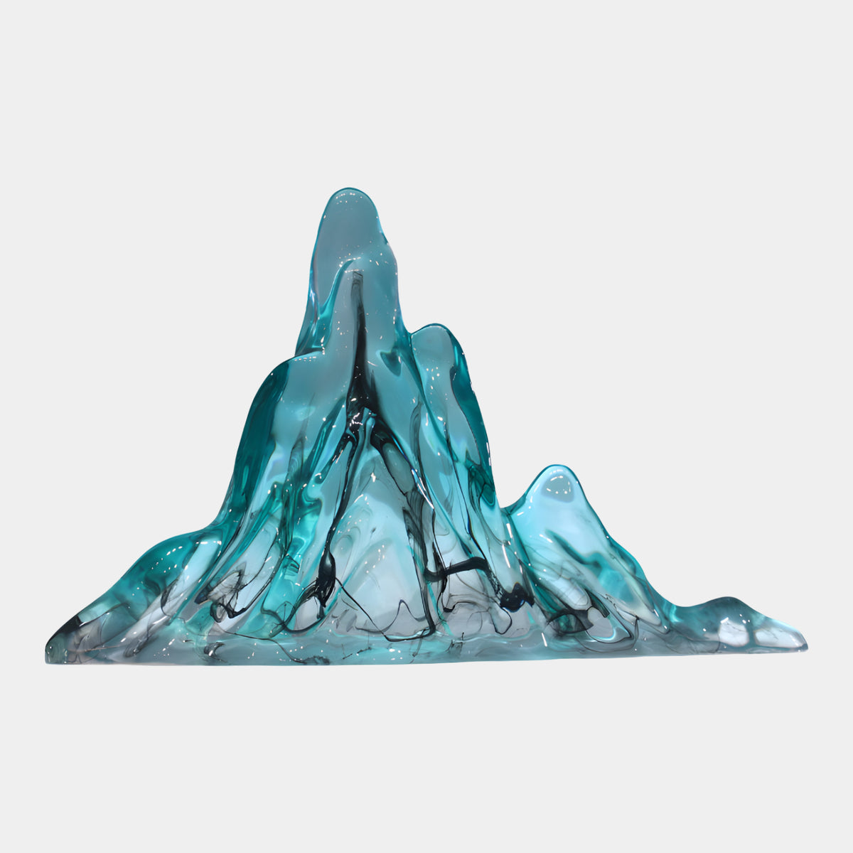 Teal Ink Veined Mountain Range Resin Sculpture (74cm) by Giant Sculptures, showing jagged teal peaks with black veined streaks, no stand, on a plain white background.
