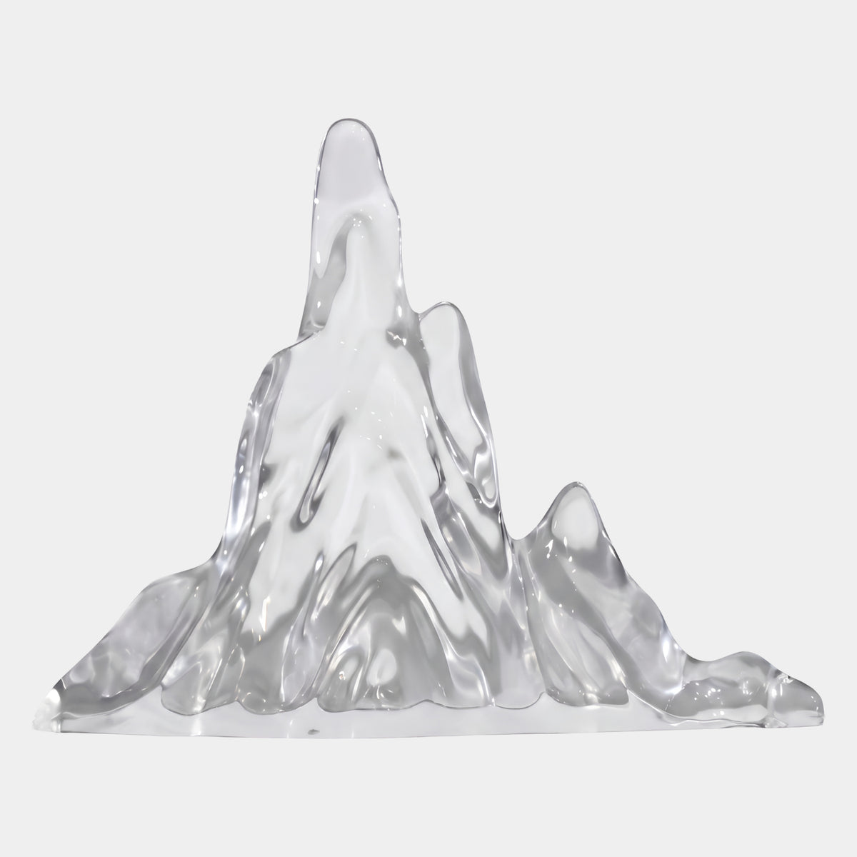 Clear High Summit Mountain Range Resin Sculpture (74cm) by Giant Sculptures, a jagged clear peak with descending ridgeline, resting flat on a plain white background.
