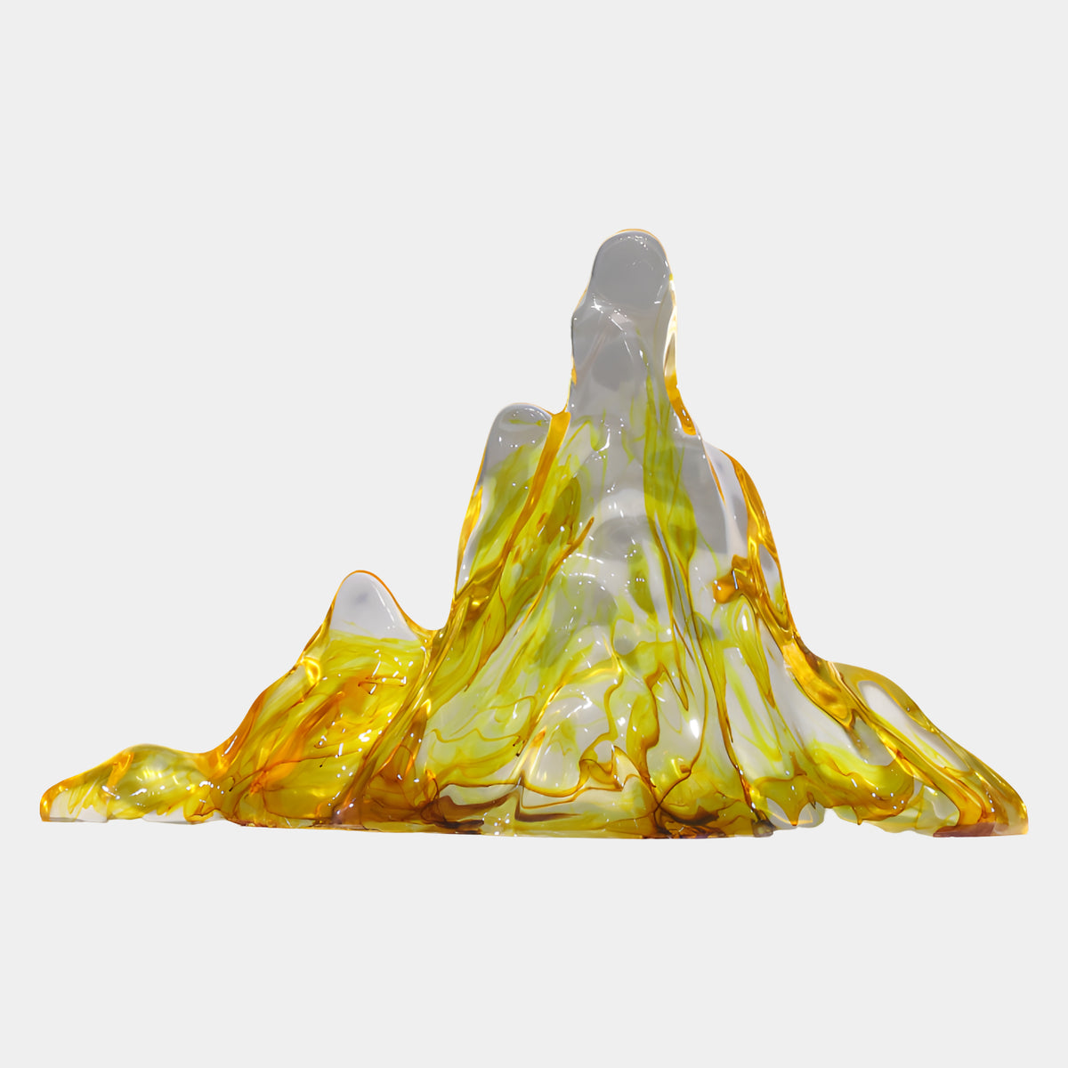 Amber Ink Veined Mountain Range Resin Sculpture, 74cm, with yellow-orange streaks and a pale clear summit, shown on a plain white background with no base.