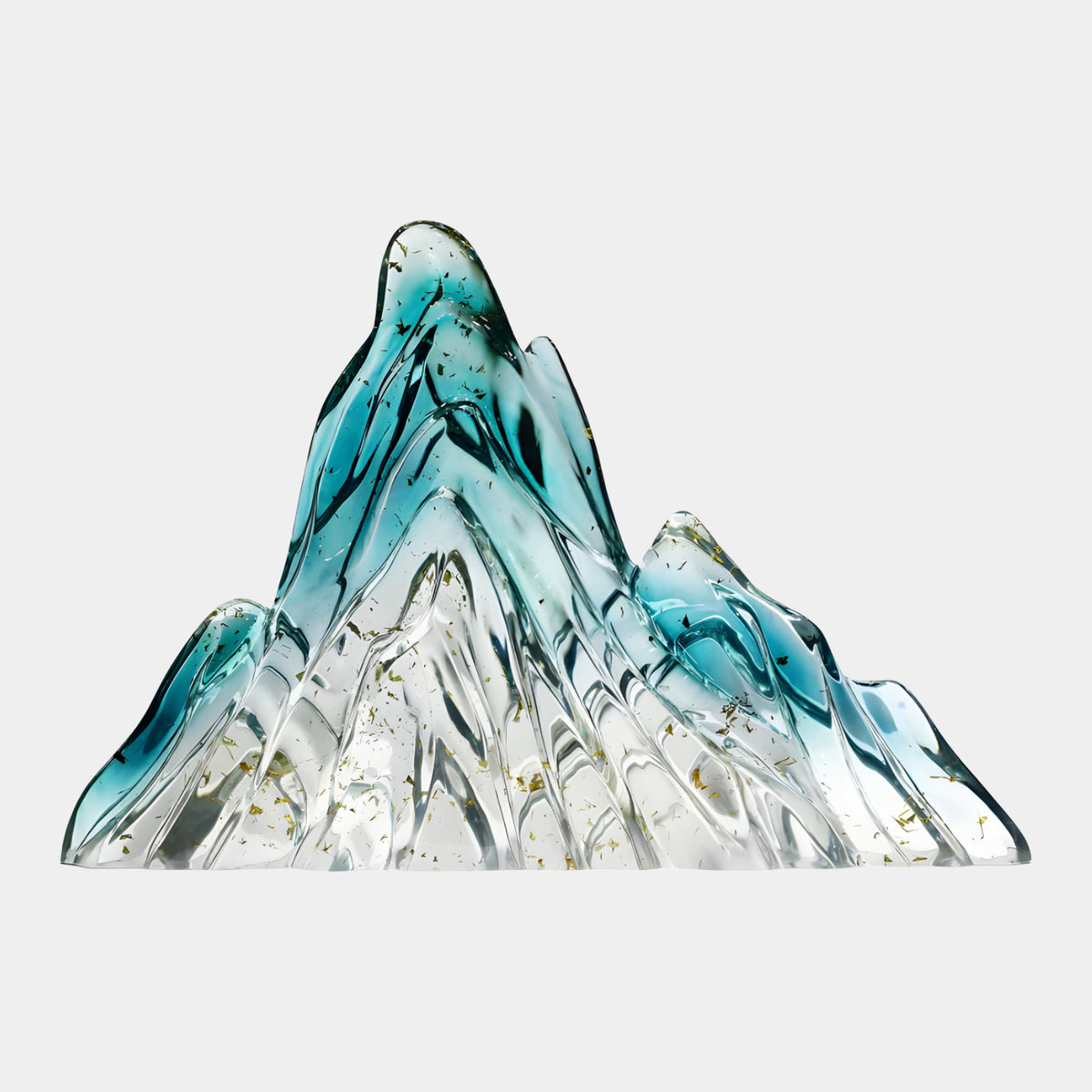 Clear & Teal Gold Leaf Mountain Range Resin Sculpture, 120cm, ridged peaks with teal upper faces and suspended gold leaf flakes, on a plain white background.