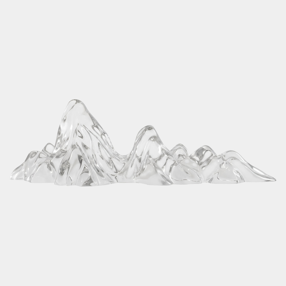 Clear Untinted Long Mountain Range Resin Sculpture - 97cm by Giant Sculptures, a jagged clear resin peak formation resting on its own base against a plain white background.