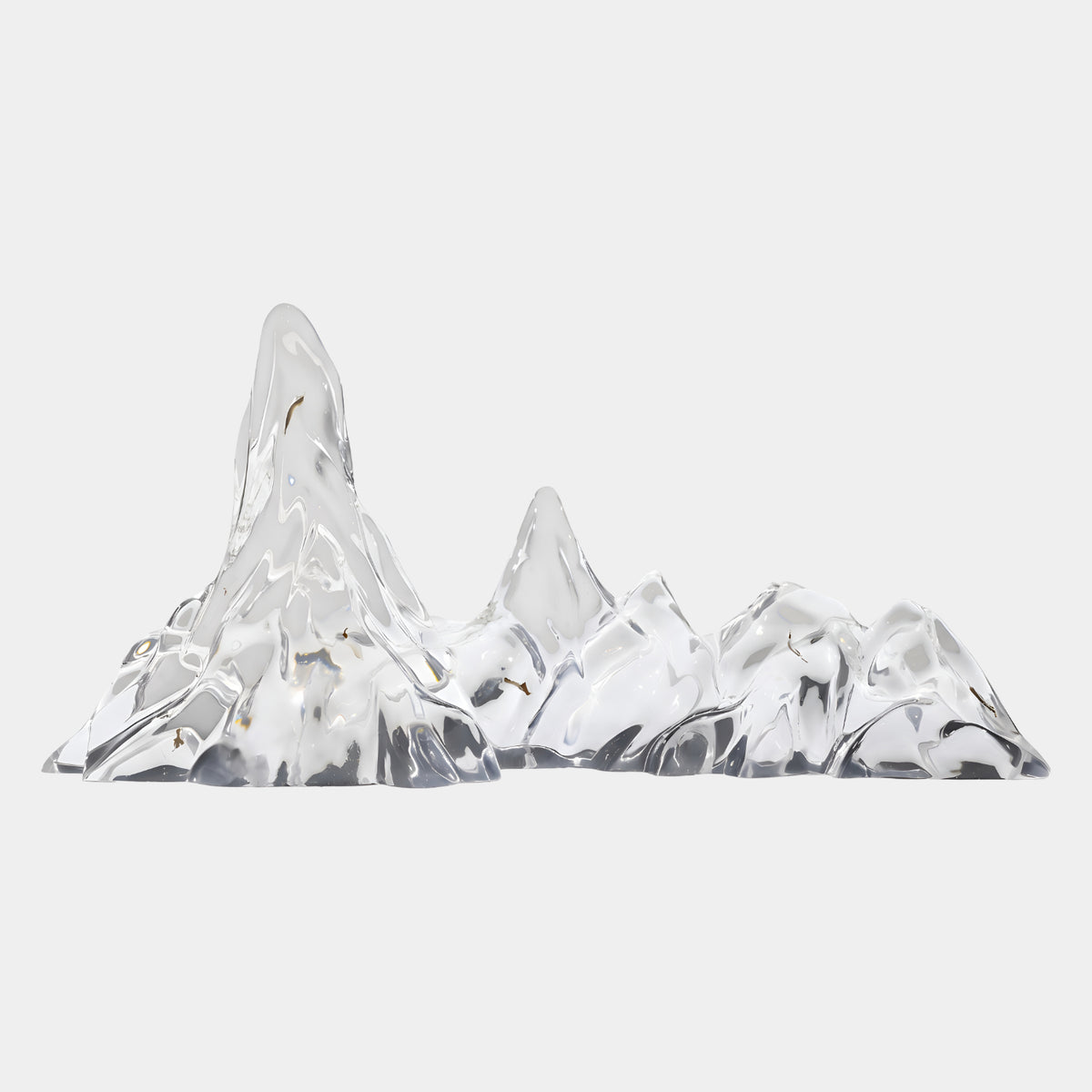 Clear Five Summit Mountain Range Resin Sculpture (120cm) by Giant Sculptures, showing one tall peak and four lesser summits in untinted resin on a plain white background.