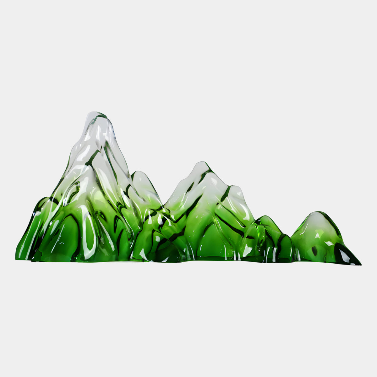 Green to Clear Long Ridge Resin Sculpture, 110cm, with a tall peak at left and smaller ridges trailing right, green base rising into clear summits, on a plain white background.