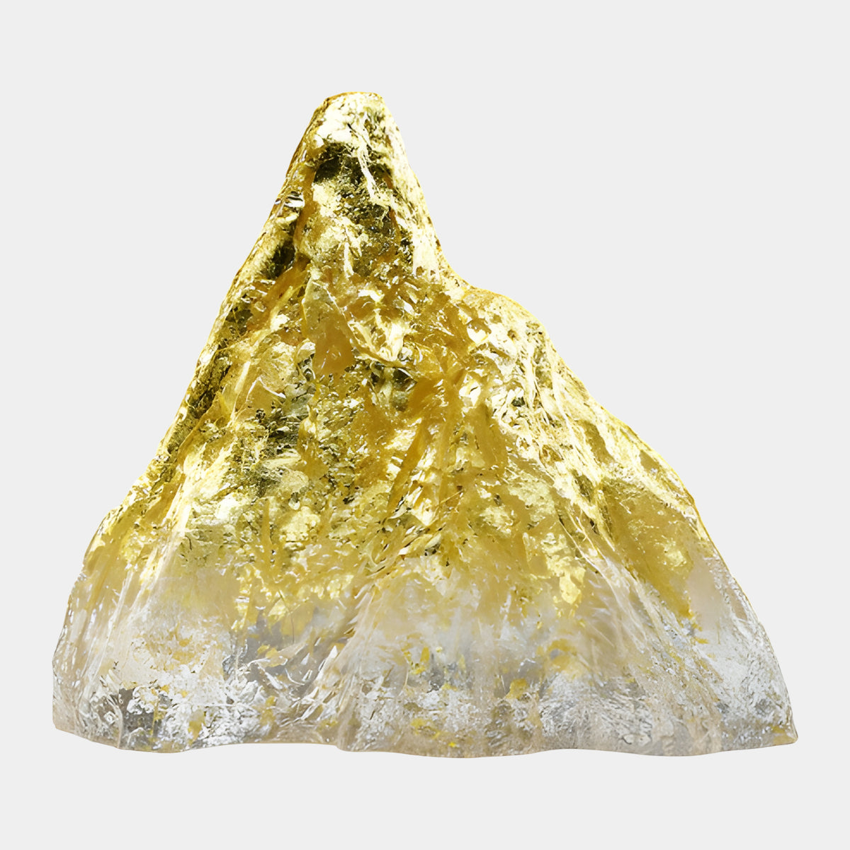 Gold Leafed Summit Mountain Cast Resin Sculpture, 46cm, with gold leaf covering the upper peak and clear resin base, shown on a plain white background.