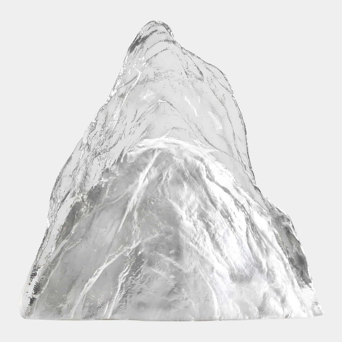 Clear Frosted Weathered Peak Resin Sculpture, 61cm, mountain-shaped with fine cut channels running from summit to base, no stand, on a plain white background.
