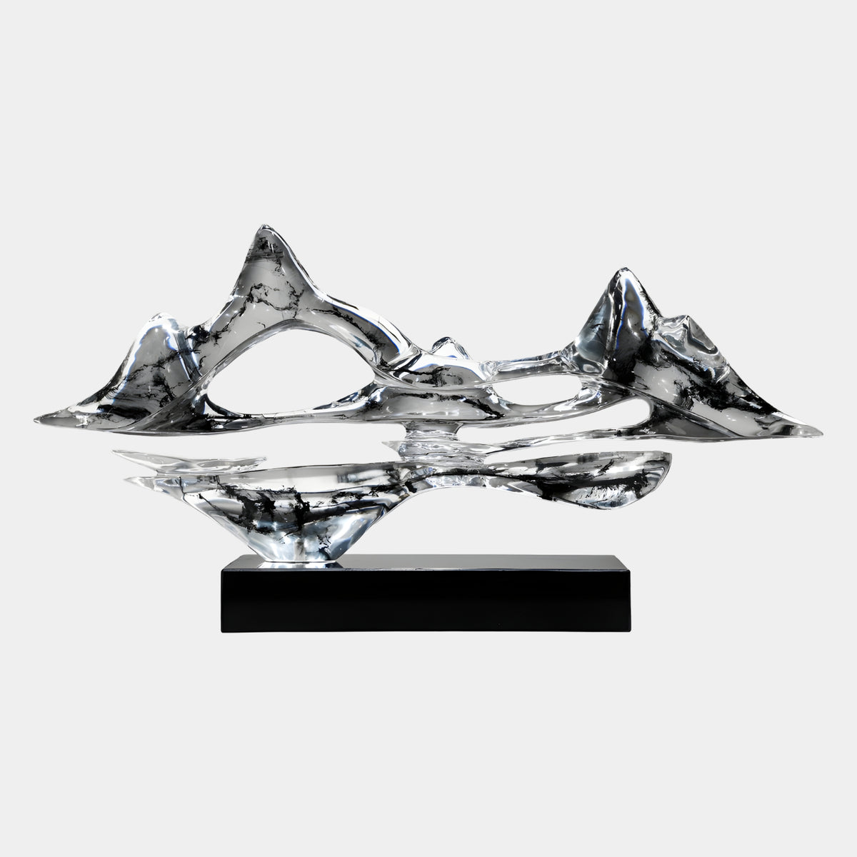 Clear Mountain & Reflection Cast Resin Sculpture - 85cm, black-veined peaks mirrored above a black marble stand, on a plain white background.