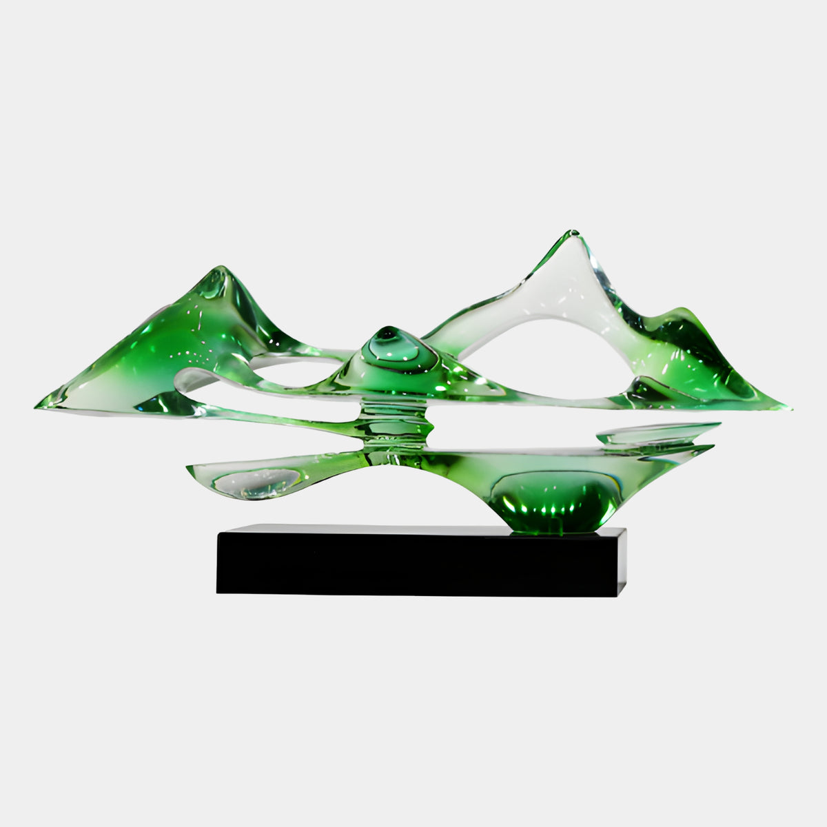 Green Mountain & Reflection Resin Sculpture, 85cm, with jagged green and clear peaks mirrored above a reflective base, set on a black rectangular stand against a plain white background.