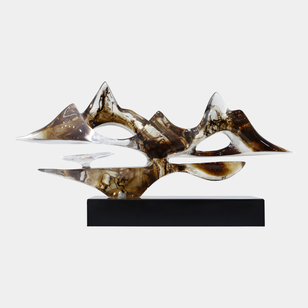 Smoke Brown Mountain & Reflection Resin Sculpture, 85cm, with brown-veined clear resin peaks and pierced openings on a black marble base, shown against a plain background.