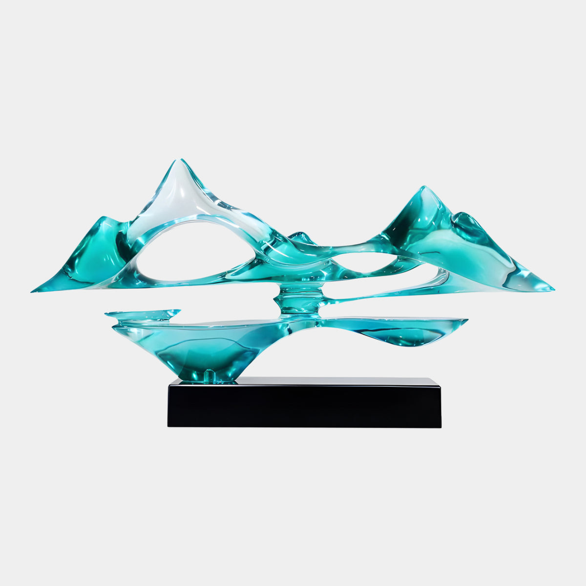 Aqua Mountain & Reflection Resin Sculpture, 85cm, with clear mountain peaks over a turquoise reflection and cut-through openings, on a black base against a plain background.