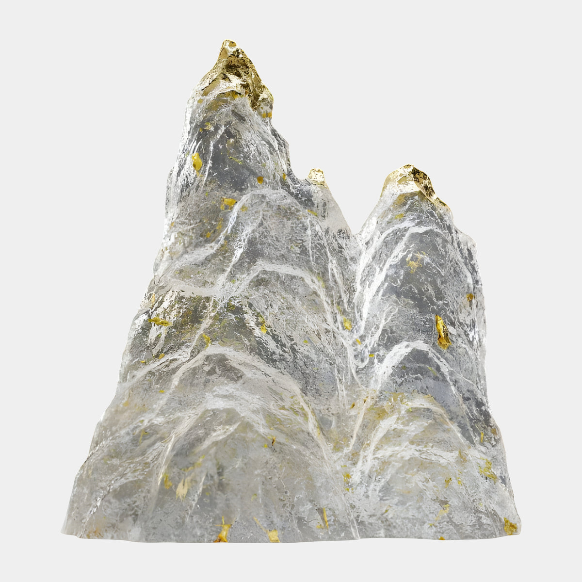 Clear Contour Drawn Twin Summit Resin Sculpture, 52cm, with gold leaf capping two peaks and white contour lines across a frosted surface, on a plain white background.