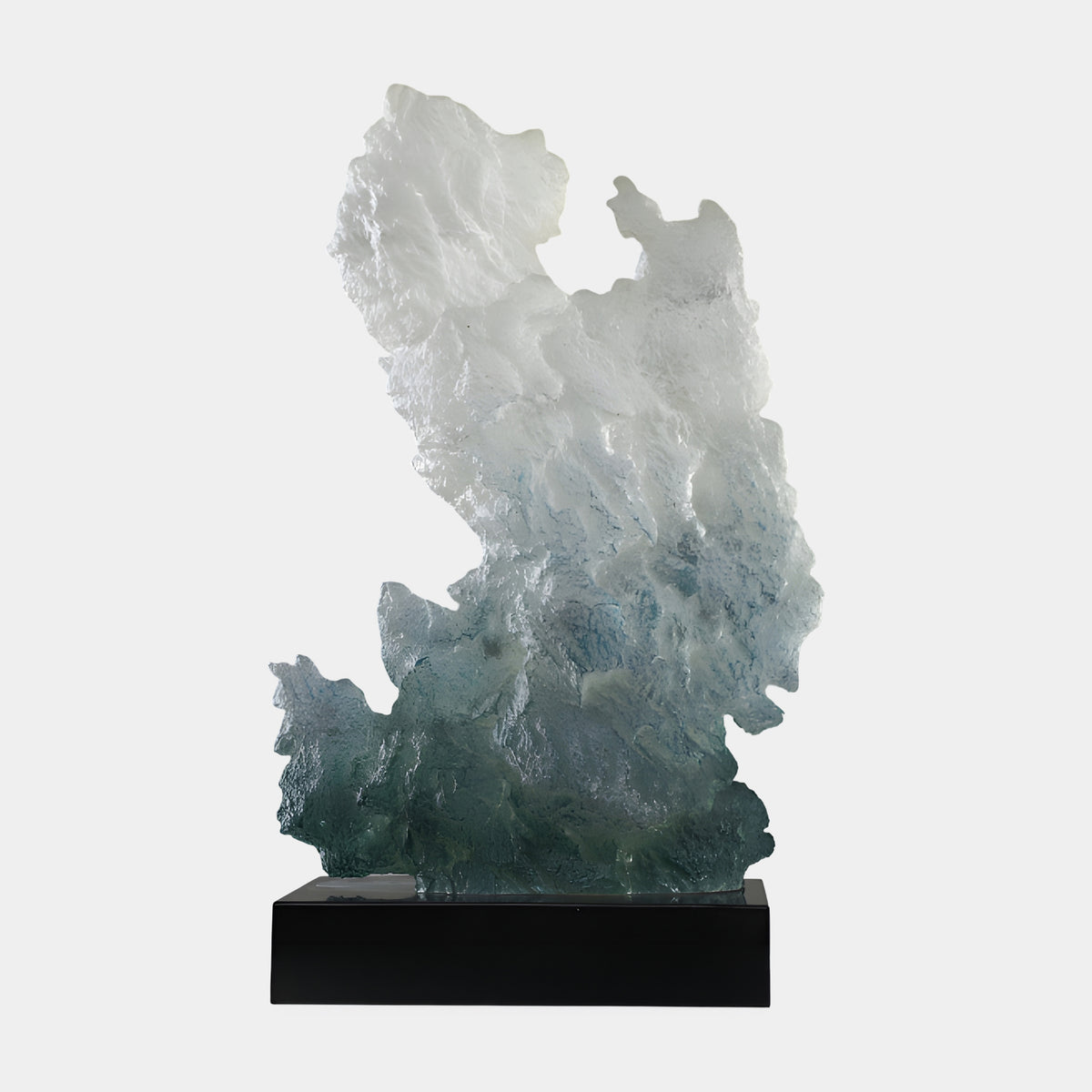 Sage Frosted Standing Rock on Marble Resin Sculpture, 88cm, white-to-grey-green frosted form on a black marble base, plain light background.