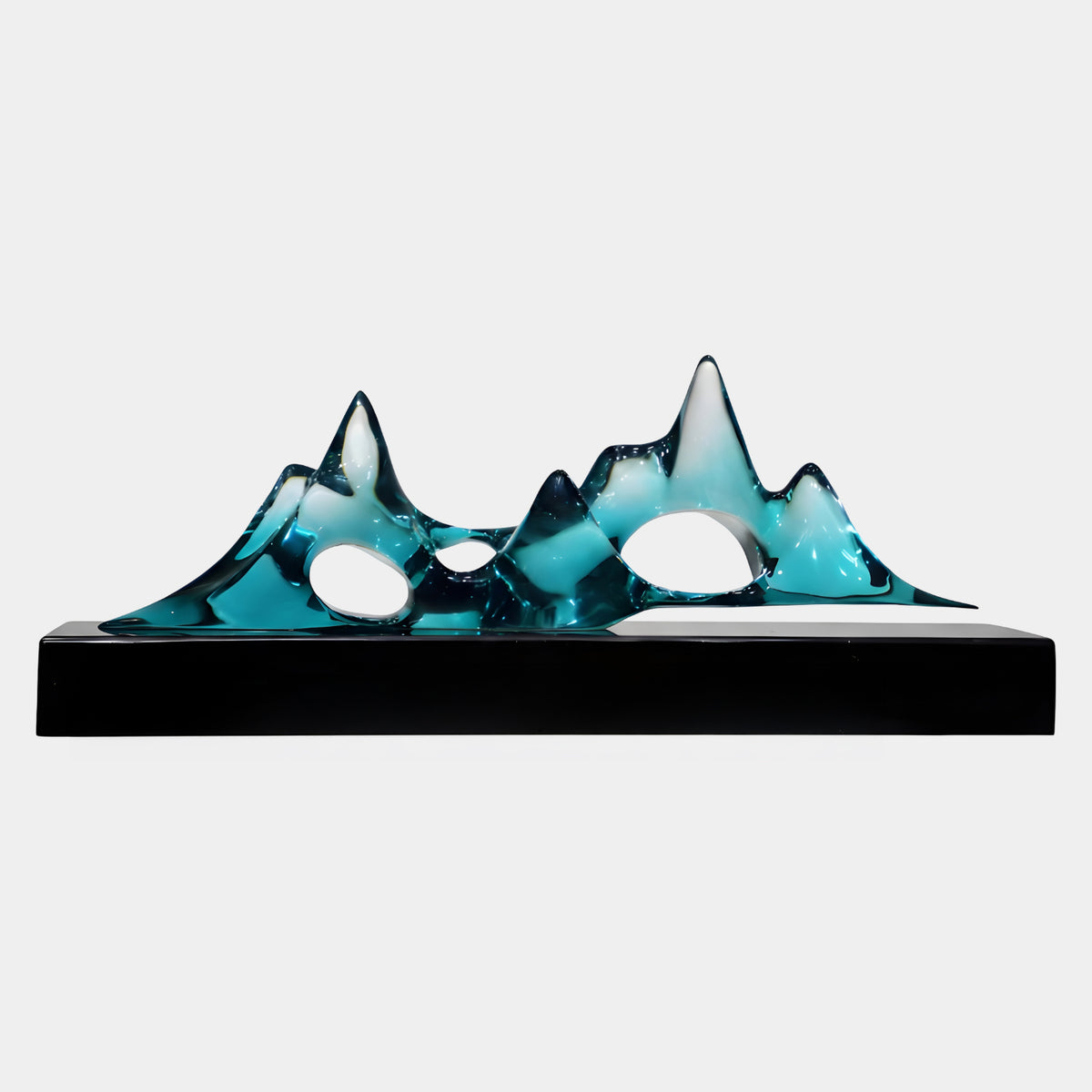 Teal Pierced Mountain Range Resin Sculpture, 65cm, with three pierced openings on a black base, shown against a plain white background.