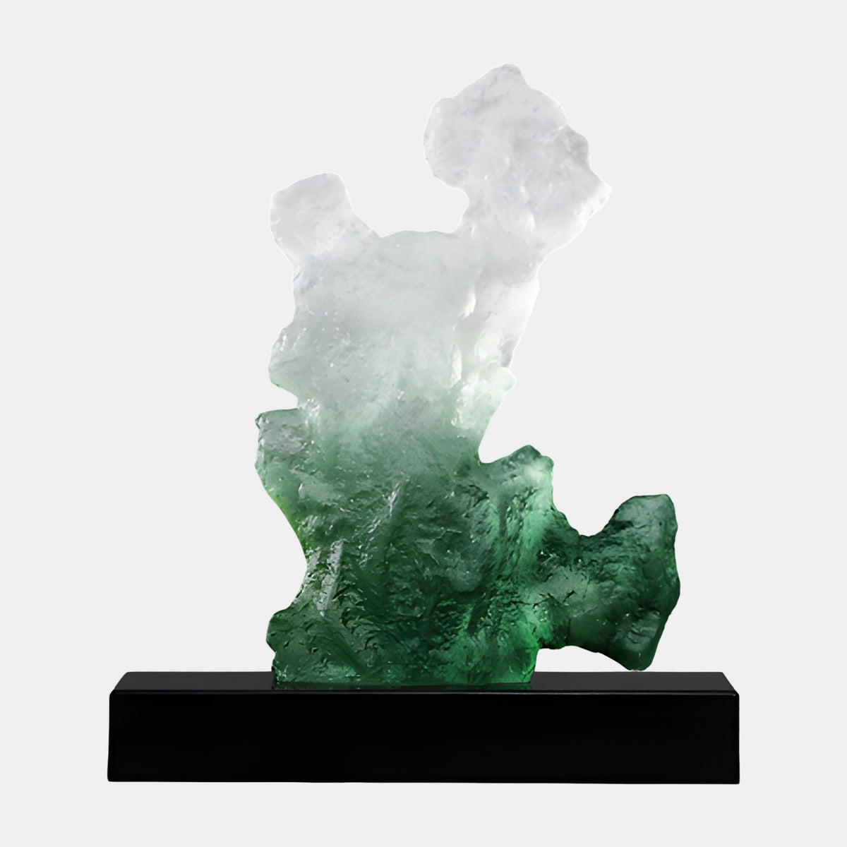Green Frosted Forked Rock on Marble Resin Sculpture - 40cm by Giant Sculptures, fading from white at the forked top to clear green at the base, on a black rectangular stand against a plain light grey background.