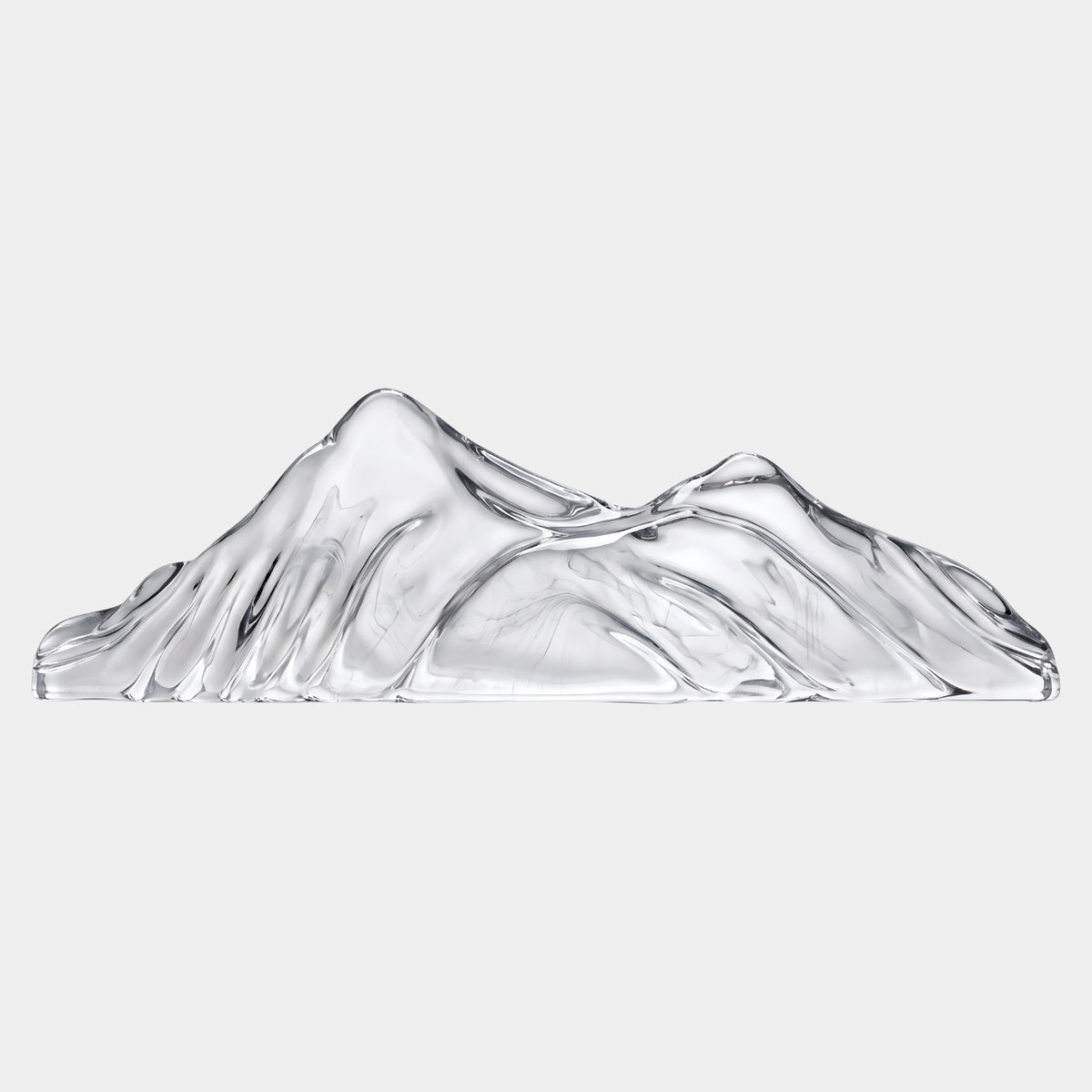 Clear Two-Summit Low Hill Resin Sculpture, 87cm, showing a glassy mountain form with two peaks and flowing ridges, set on a plain white background.