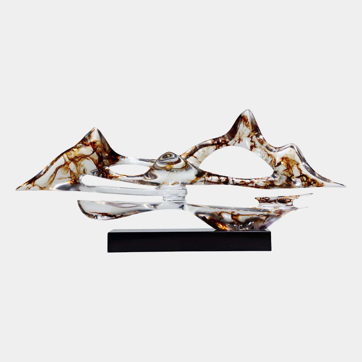 Clear Brown Ink Range & Reflection Resin Sculpture, 102cm, mountain peaks with brown veining above a mirrored waterline, set on a black base, plain white background.