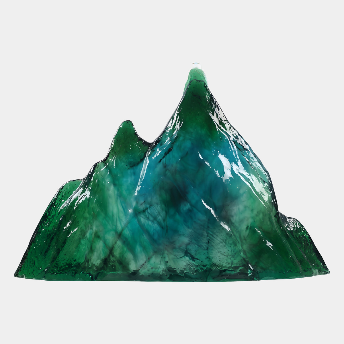 Green Pointed Peak Mountain Resin Sculpture, 192cm, with a sharp emerald summit and glowing blue-green core, shown on a plain white background.