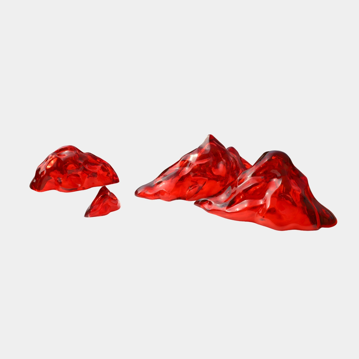 Red Translucent Twin Peak Ridge Resin Sculpture by Giant Sculptures, two twin-peak pieces in translucent red resin, 32/122cm, on a plain light grey background.