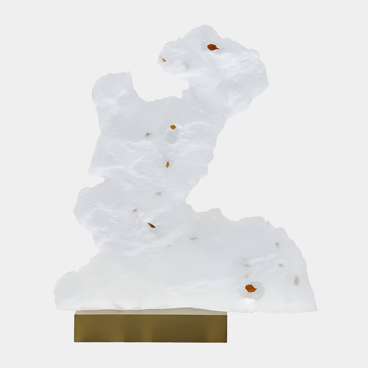 Frosted White Upright Rock on Gold Steel Resin Sculpture, 120cm, with amber inclusions, set on a gold stainless steel base against a plain white background.