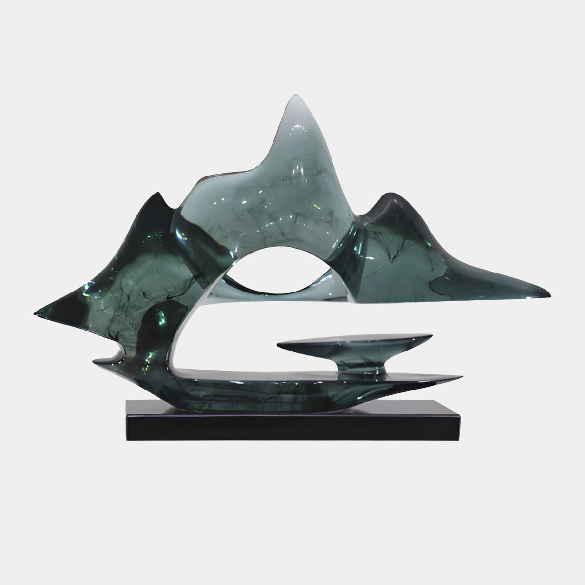 Blue Pierced Mountain Group on Marble Resin Sculpture, 65cm, with pierced teal peaks and a flattened disc on a black marble base, shown against a plain white background.