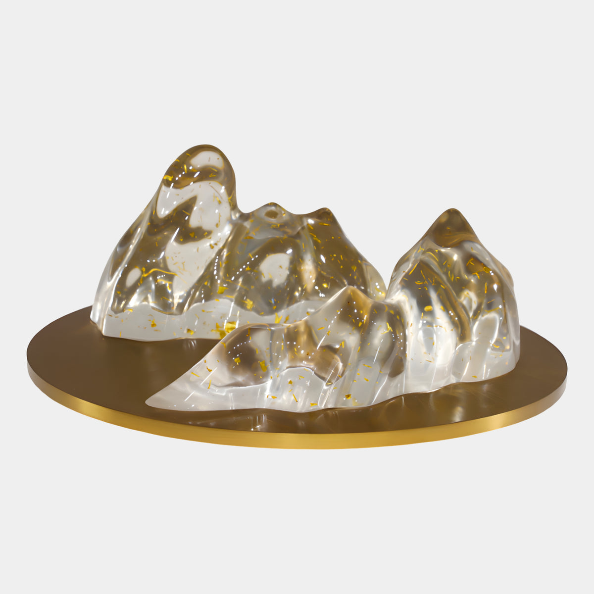 Clear Gold Leaf Mountain Group on Brass Resin Sculpture, 70cm, two resin mountain castings with gold leaf on a round brushed brass tray, plain white background.