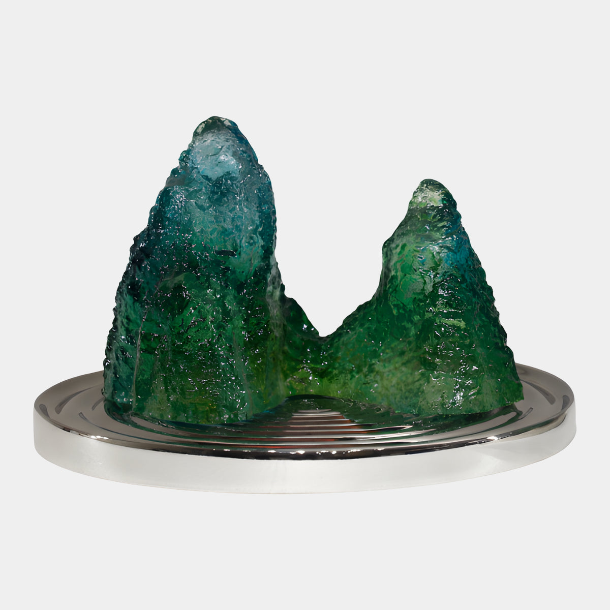 Green Rough Cast Twin Peak Mountain Resin Sculpture, 35cm, with teal-tinged left peak and green right peak on a silver disc base, plain white background.
