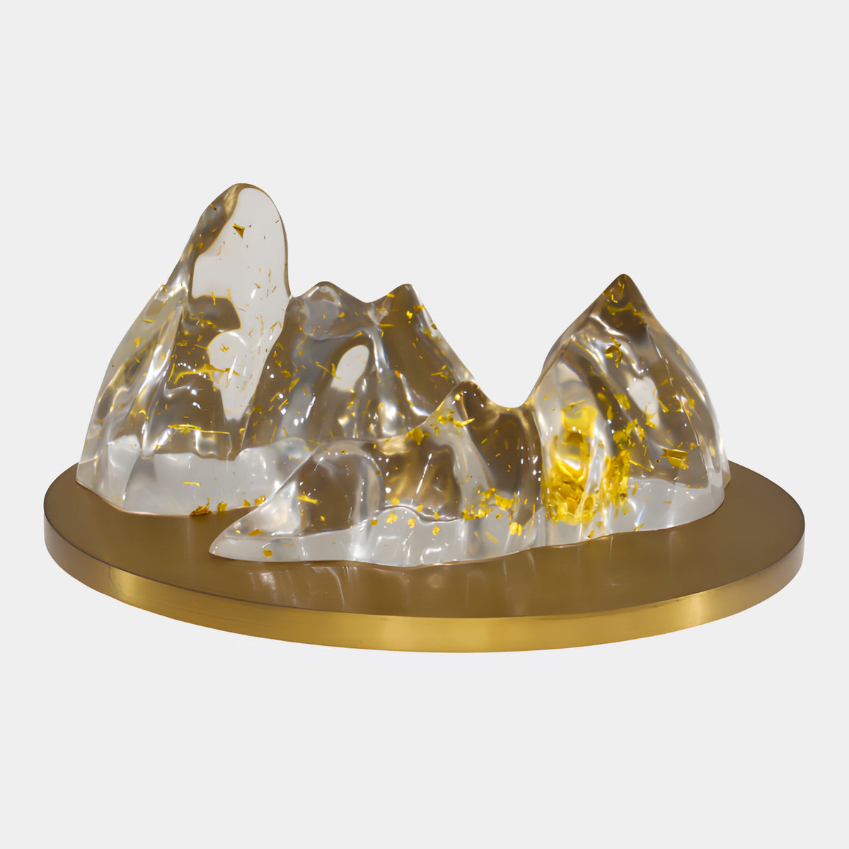 Clear Gold Leaf Pierced Peak on Brass Resin Sculpture, 50cm, clear resin mountain peaks with gold leaf flecks and a pierced arch on a round brushed brass base, white background.