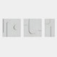 The Moro III Triptych White Relief 3D Wall Art by Giant Sculptures features three minimalist white panels with raised geometric lines, curves, and circles, forming a striking abstract 3D design.