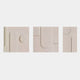 The Moro III Triptych Sandstone Relief 3D Wall Art by Giant Sculptures features three rectangular beige panels with raised geometric shapes—lines, curves, and a circle—for a minimalist contemporary look against a white background.
