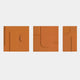 Moro III Triptych Burnt Orange Relief 3D Wall Art by Giant Sculptures, three hand-painted sandstone panels with geometric curves, verticals, and circular reliefs in burnt orange on a light grey background.