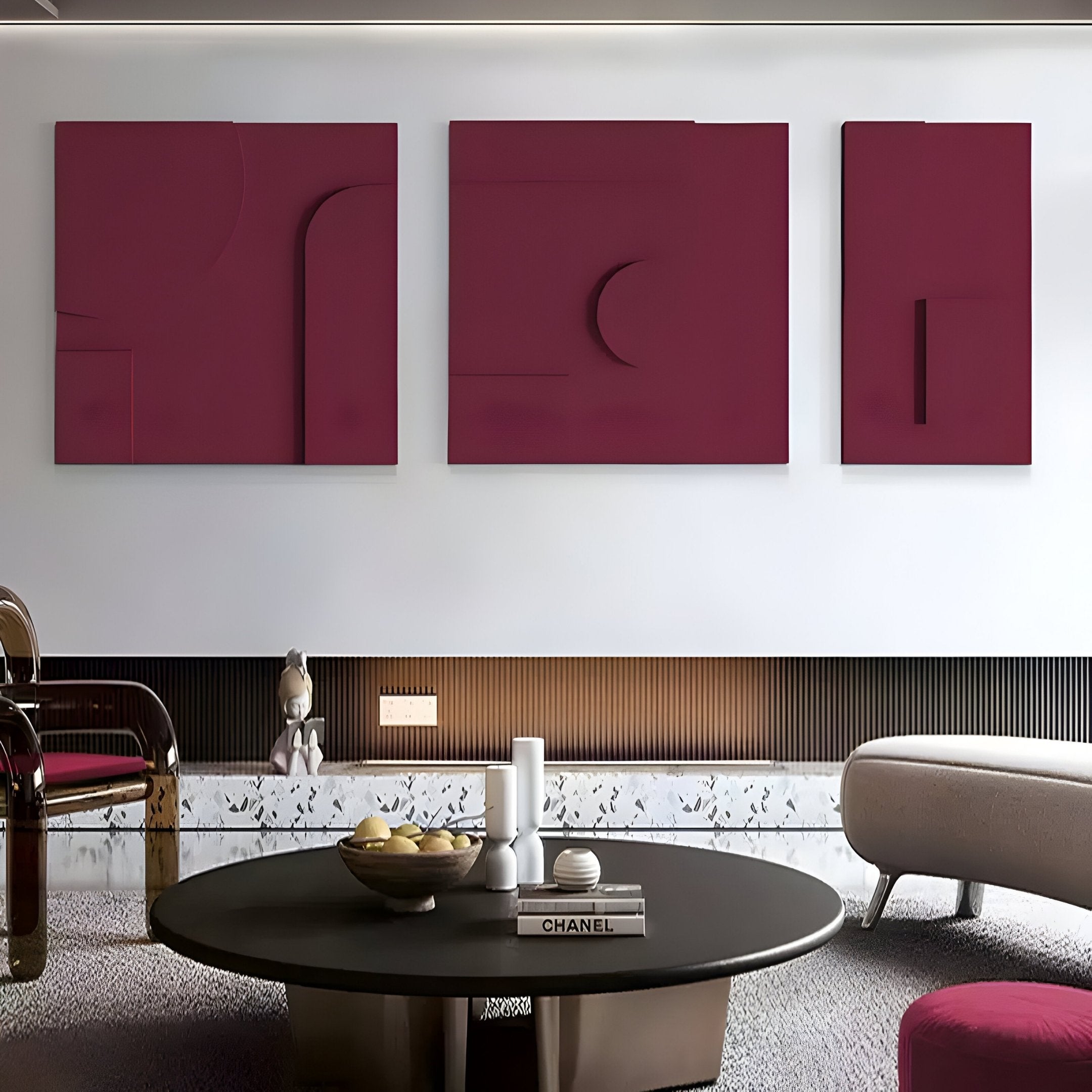 Moro I Triptych Deep Red Relief 3D Wall Art