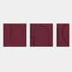 Moro II Triptych Deep Red Relief 3D Wall Art by Giant Sculptures — three matte burgundy hand-painted sandstone panels with raised geometric lines, arcs, and curved cut-outs casting subtle shadows, displayed on a plain light background.