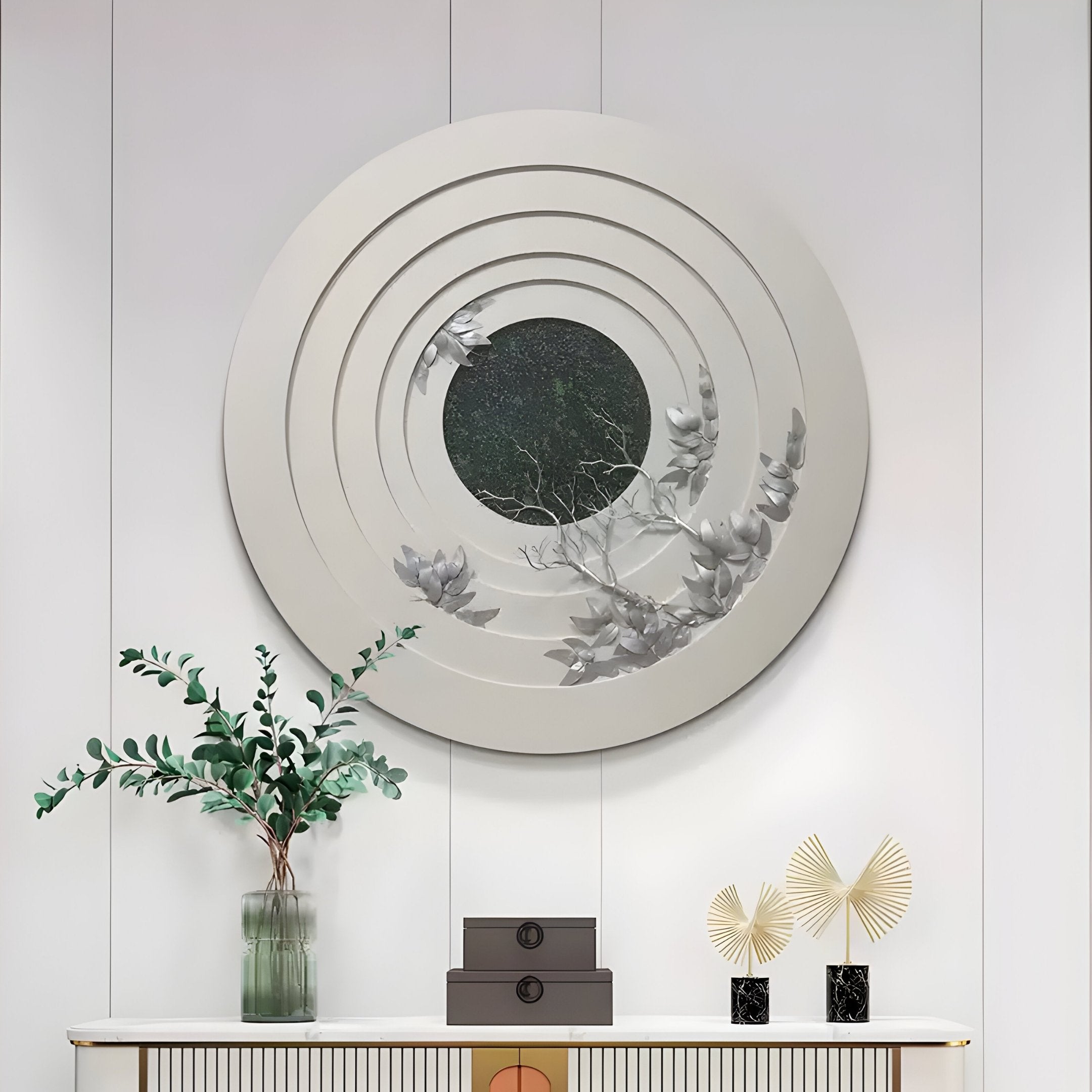 Aethera Silver Leaves Round Wood Carving 3D Wall Art