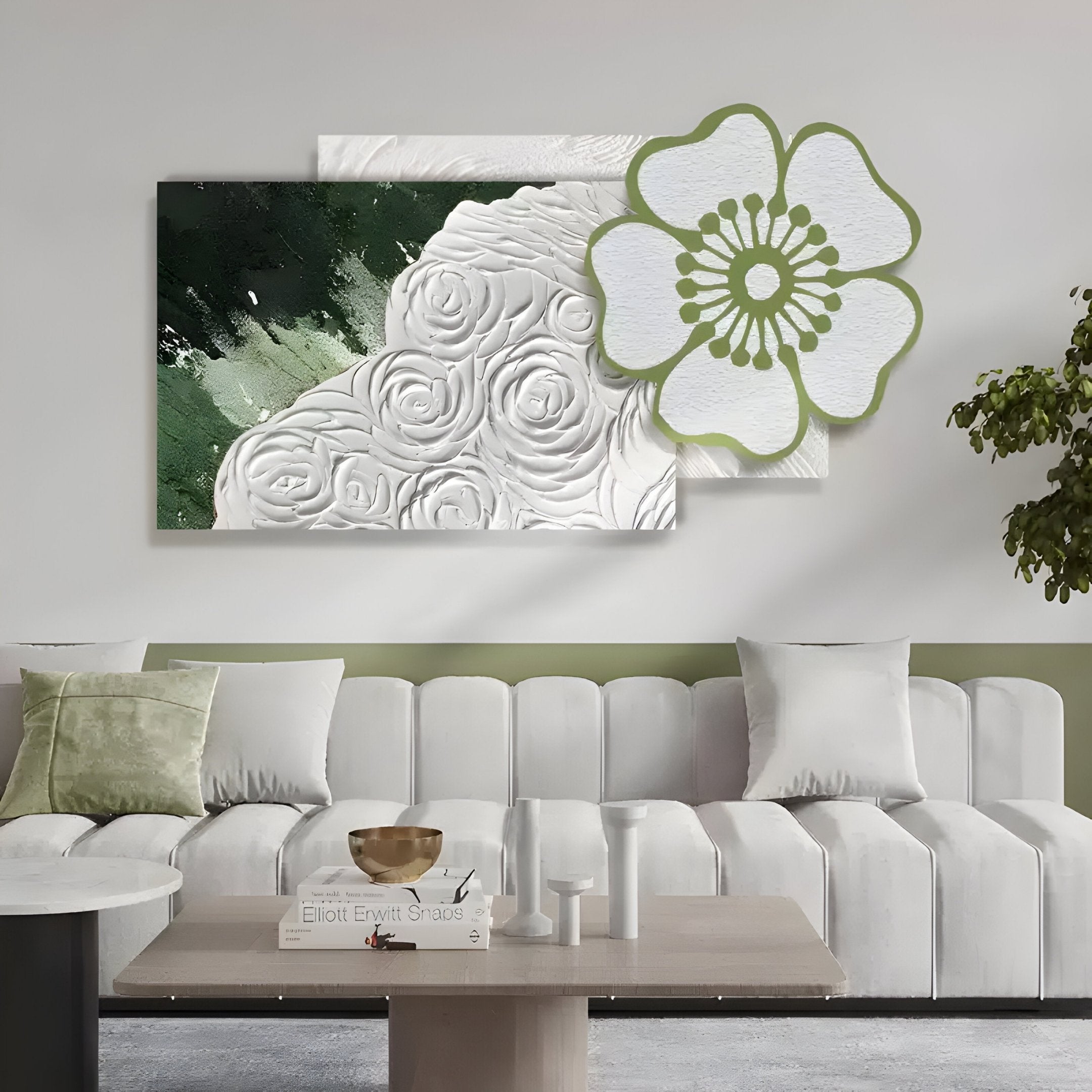 Bloomark Moss Floral White Rose Texture 3D Wall Art