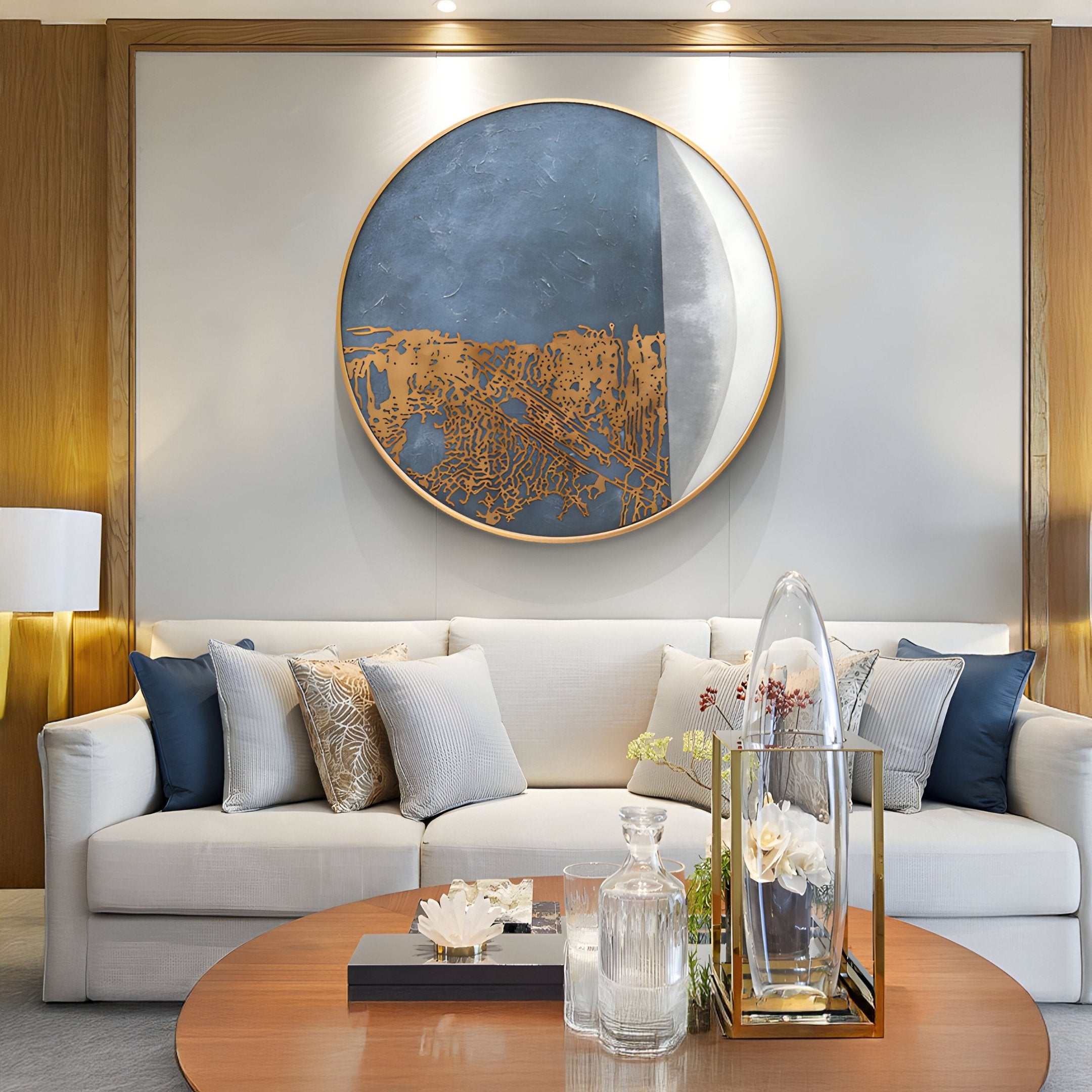 Orizon Azure & Brass Layered Round 3D Carving Wall Art