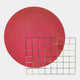 The Orivis Crimson Disc Metal Grid 3D Wall Art by Giant Sculptures features a large solid red circle on a white background, partially overlapped at the bottom right by a metallic rectangular grid with square openings.
