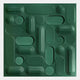 The Grida Forest Green I Wood Carving 3D Wall Art by Giant Sculptures features a panel of rounded rectangles and circles in green tones, with embossed textures, set against a square forest green background.