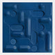 Grida Midnight Blue I Wood Carving 3D Wall Art by Giant Sculptures showcases a blue abstract design with rounded rectangles, circles, recessed shapes, and parallel white lines for a modern, geometric textured look.