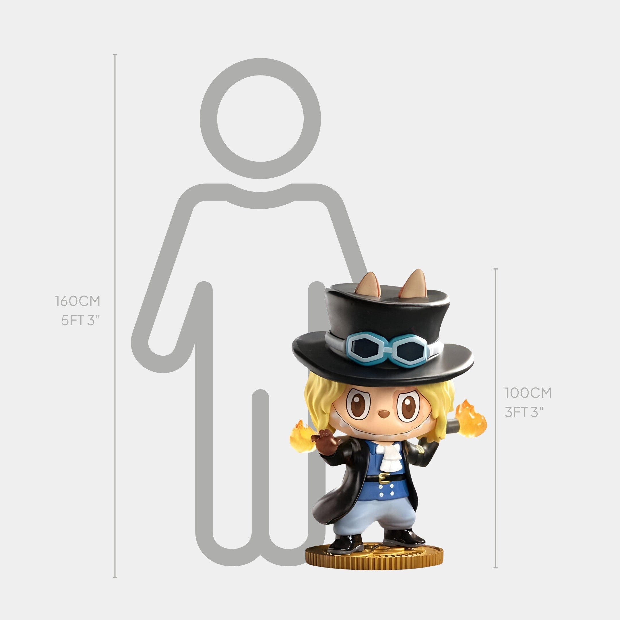 The Grand Line Sabo Labubu Sculpture - 100cm by Giant Sculptures features a chibi Sabo with a black top hat, goggles, and blonde hair, holding Flame-Flame Fruit flames—ideal for fans and stands tall next to 100 cm and 160 cm markers.