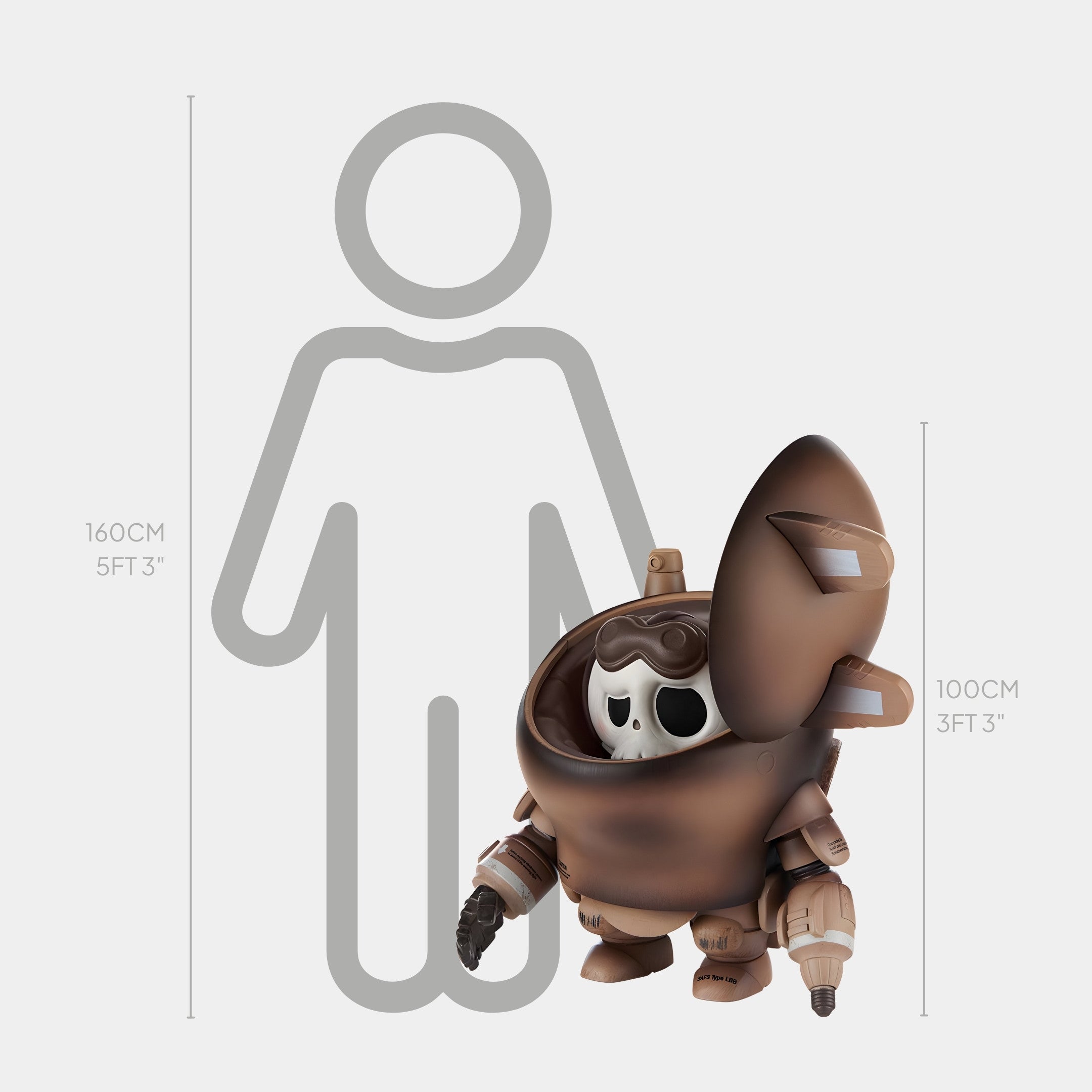 The Iron Wraith Labubu Mecha Sculpture - 100cm by Giant Sculptures, featuring a small brown design with a round body and helmet, stands beside a human silhouette to show its 100 cm (3 ft 3 in) height in this sci-fi realism display.