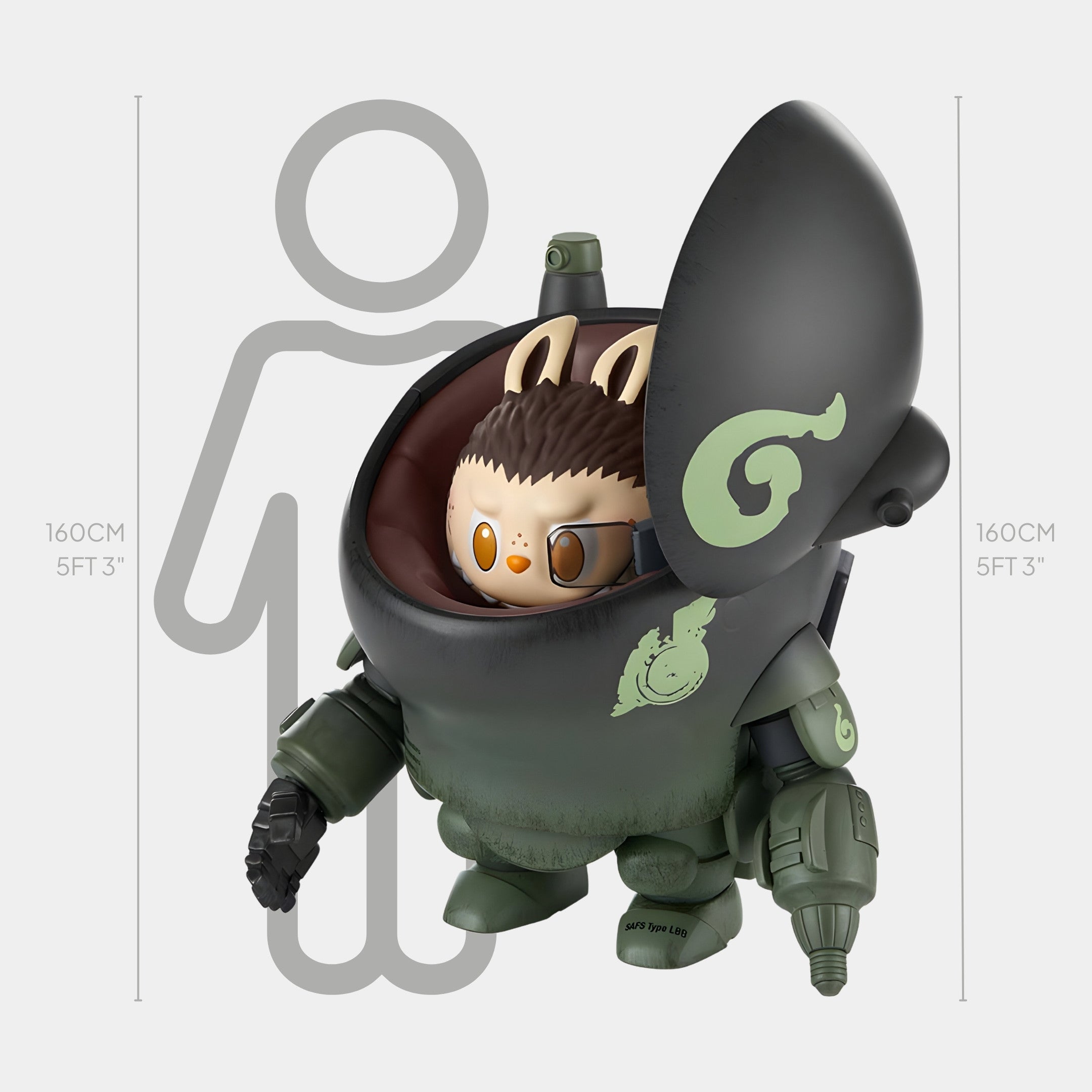 The Giant Sculptures Darksteel Labubu Mecha Sculpture - 160cm features a toy figure with animal ears and a round face inside a large green and black sci-fi-inspired fibreglass artwork, shown beside a person for scale.