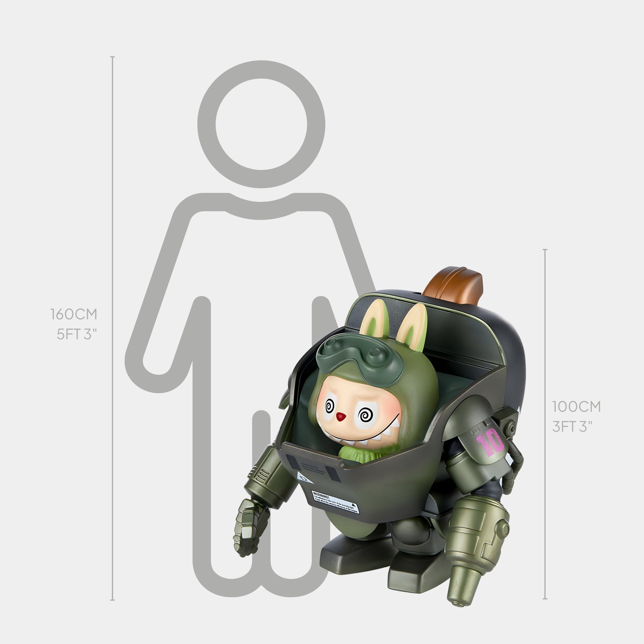 The Giant Sculptures Psyclone Labubu Mecha Sculpture - 100cm features a collectible toy in a green robot suit with rabbit ears, standing about 100 cm tall next to a 160 cm human outline to showcase its tactical aesthetics.