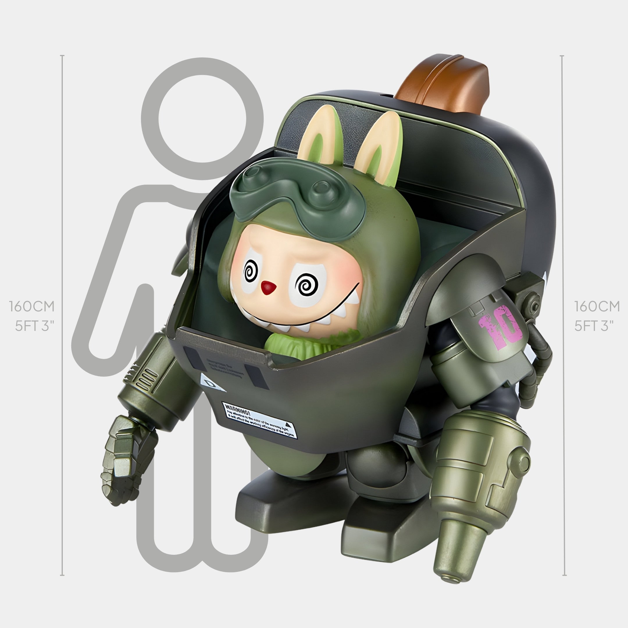 The Psyclone Labubu Mecha Sculpture - 160cm by Giant Sculptures features a cute bunny with a helmet inside a green robotic suit, shown indoors beside a size chart to highlight its 160 cm (5 ft 3 in) height against a human silhouette.