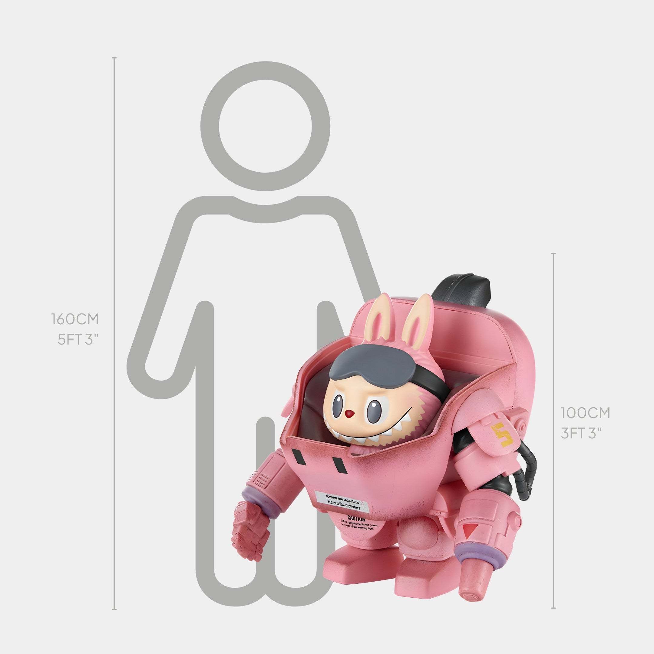 The Flamingo Labubu Mecha Sculpture - 100cm by Giant Sculptures, featuring a bunny-eared character inside, stands beside a size chart with 100 cm and 160 cm marks and a human outline for height comparison, highlighting its mechanical charm.