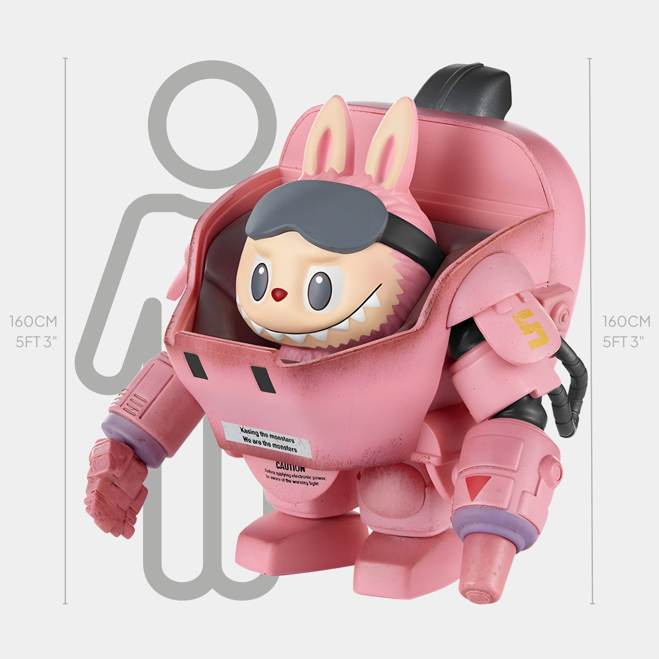 The Flamingo Labubu Mecha Sculpture - 160cm by Giant Sculptures features a toy figure with a smiling bunny face inside a bulky pink mecha with mechanical arms, standing as tall as an average person for impressive sci-fi impact.