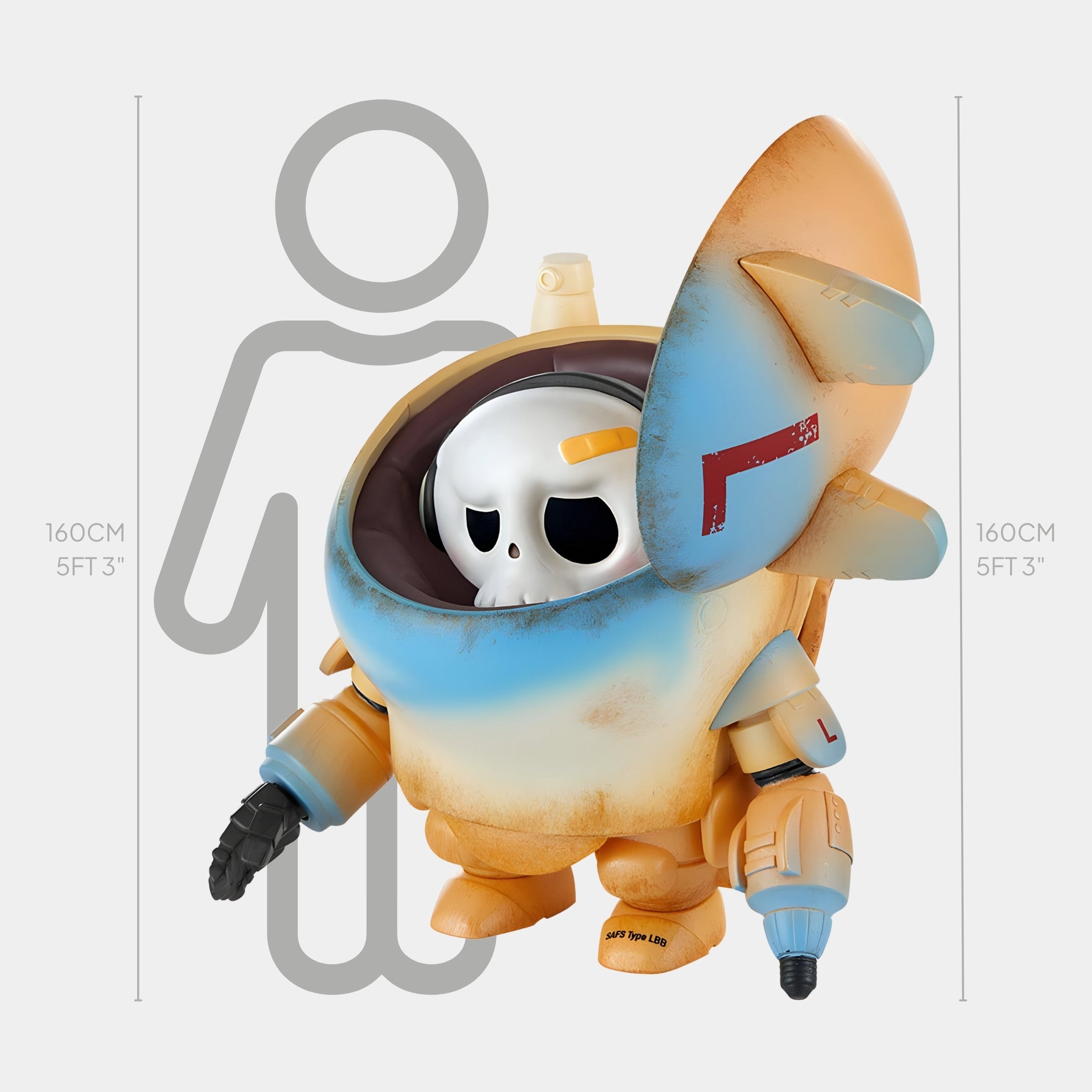 The Desert Phantom Labubu Mecha Sculpture by Giant Sculptures stands 160 cm tall, boasting a weathered blue and orange shell, round body, skull-like face, and mechanical limbs—an eye-catching indoor centerpiece.