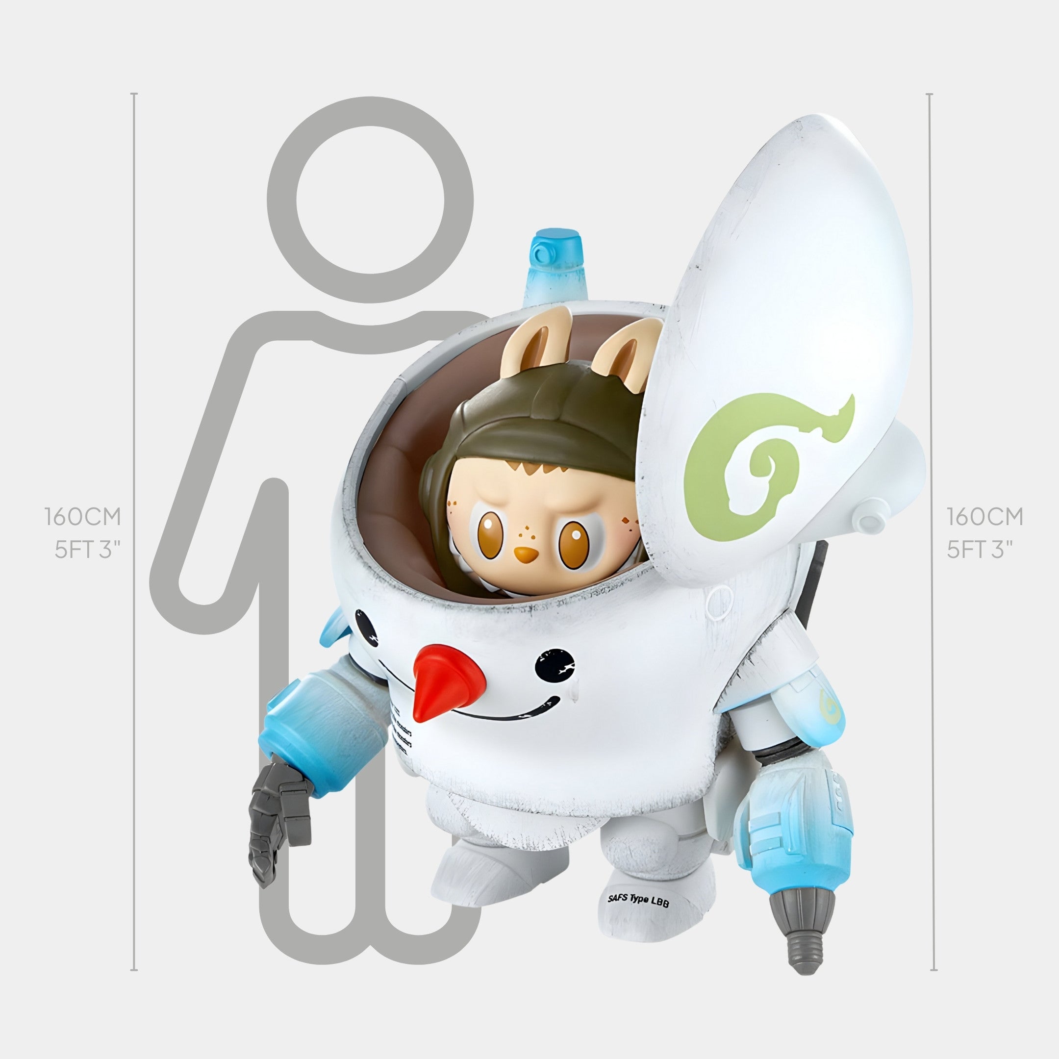 A small bunny-eared character sits inside the Giant Sculptures Snowman Labubu Mecha Sculpture - 160cm, a blue-detailed fibreglass piece about half the height of an average adult, making it ideal for indoor display.