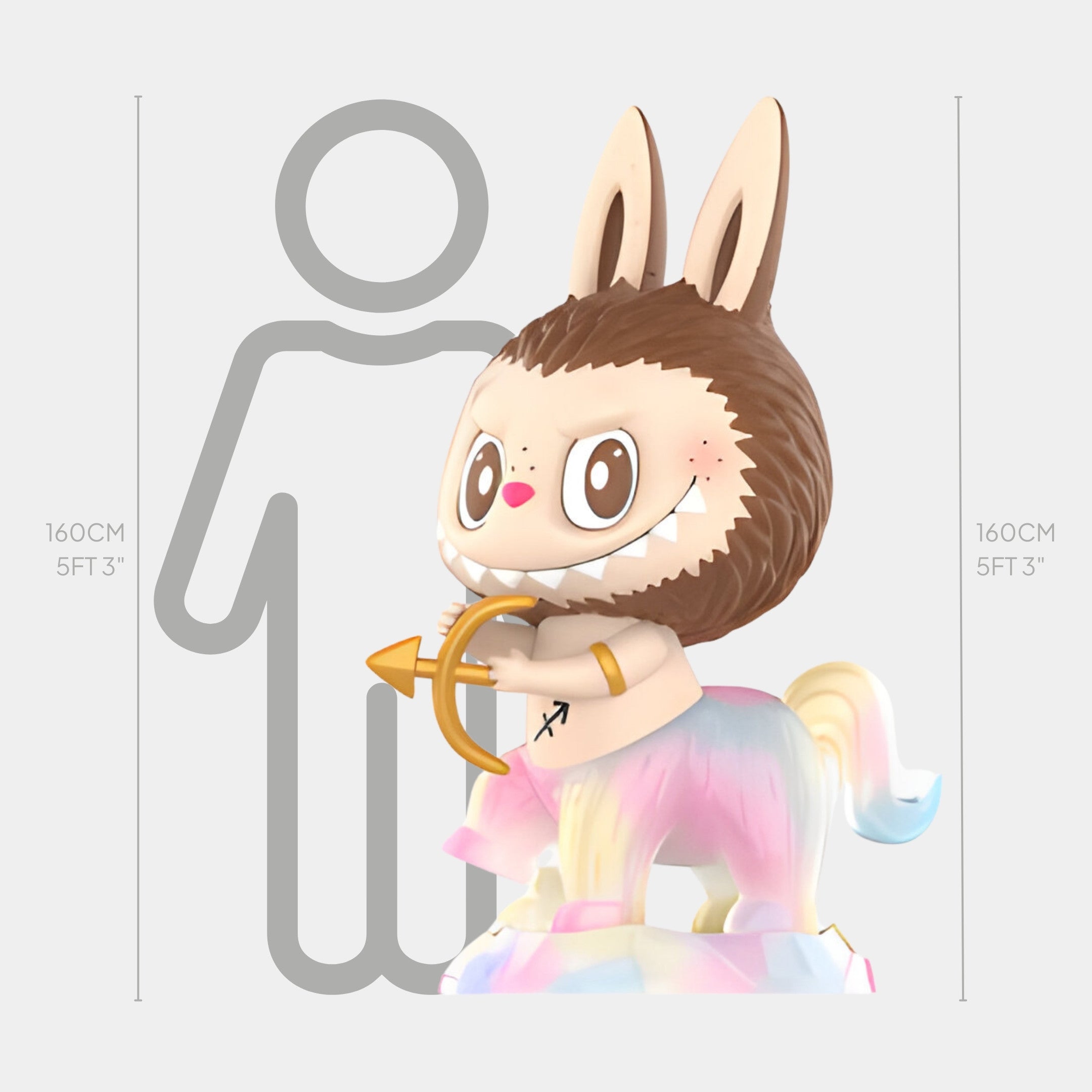 The Giant Sculptures Constellation Sagittarius Labubu Sculpture stands 160cm tall, featuring a cute, cartoonish design with a bunny-eared lion head and bow on a pastel base. Its height matches the 160cm adult chart behind it.